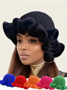 Solid Color Hand-woven Knitted Bohemian Fisherman Hat, Cute Elegant Vintage Style Hat with Pleated Design for Casual Wear, Casual Ruffle Cap, Knit Hats, Stylish Hat