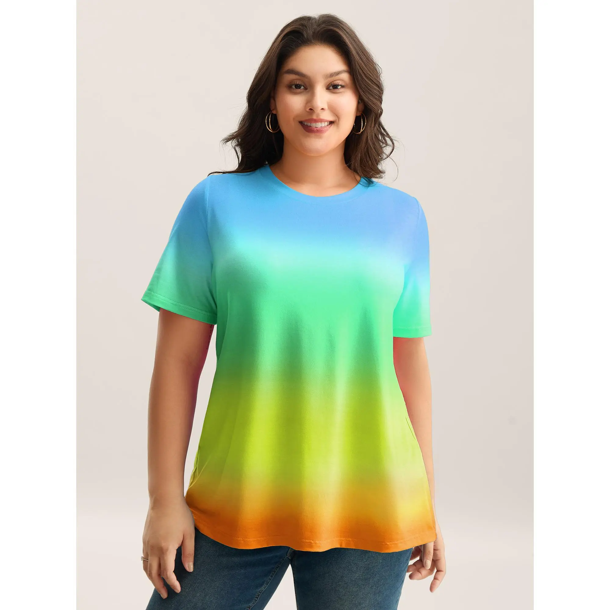 BloomChic Women's Plus Size Fitted Ombre Pride Rainbow Stripe T-Shirt - Short Sleeve, Stretchy Polyester-Spandex Blend, Curve-Friendly, Colorful Style, Round Neck, Regular Length, Machine Wash, Low Iron, Comfy Casual Curvy Top, Tshirt, Fabric