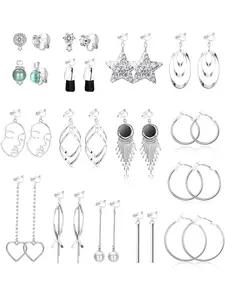 16 Pairs Clip on Earrings Set for Women Dainty Fashion Jewelry Non Pierced Clip on Cubic Zirconia Stud Ear Dangle Drop Earrings Faux Pearl Hypoallergenic Hoop Earrings Set