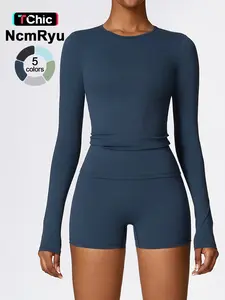 Two-piece Set Women's High Elastic Quick-drying Breathable Round Neck Long Sleeve High Waist Shorts Yoga Clothes Sportswear Set, Sportswear for gym, Four Seasons Running Walking Gym Training
