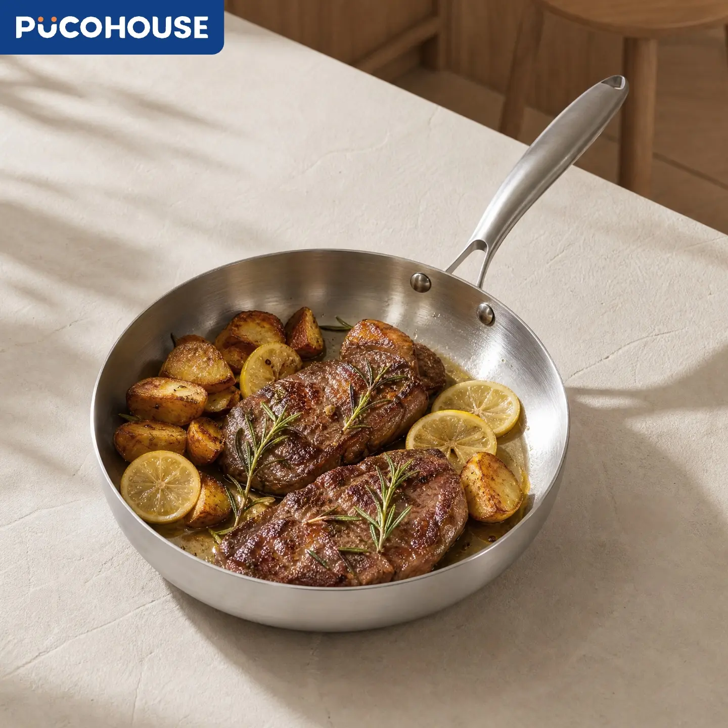 PUCOHOUSE 3-Layer 304 Stainless Steel Circular Flat Bottom Frying Pan - Cookware, Thick Steel Base, Large Capacity, No Chemical Coating, Less Hot Spots, Induction Safe, Compatible with All Stoves, Ideal for Steak, Eggs