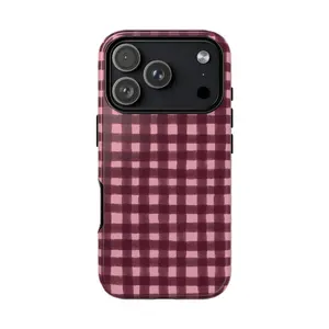 Burgundy & Pink Gingham Phone Case, Tough Cover, Compatible with iPhone X, 11, 12, 13, 14, 15, 16, 17, Perfect Gift for Christmas Enthusiats