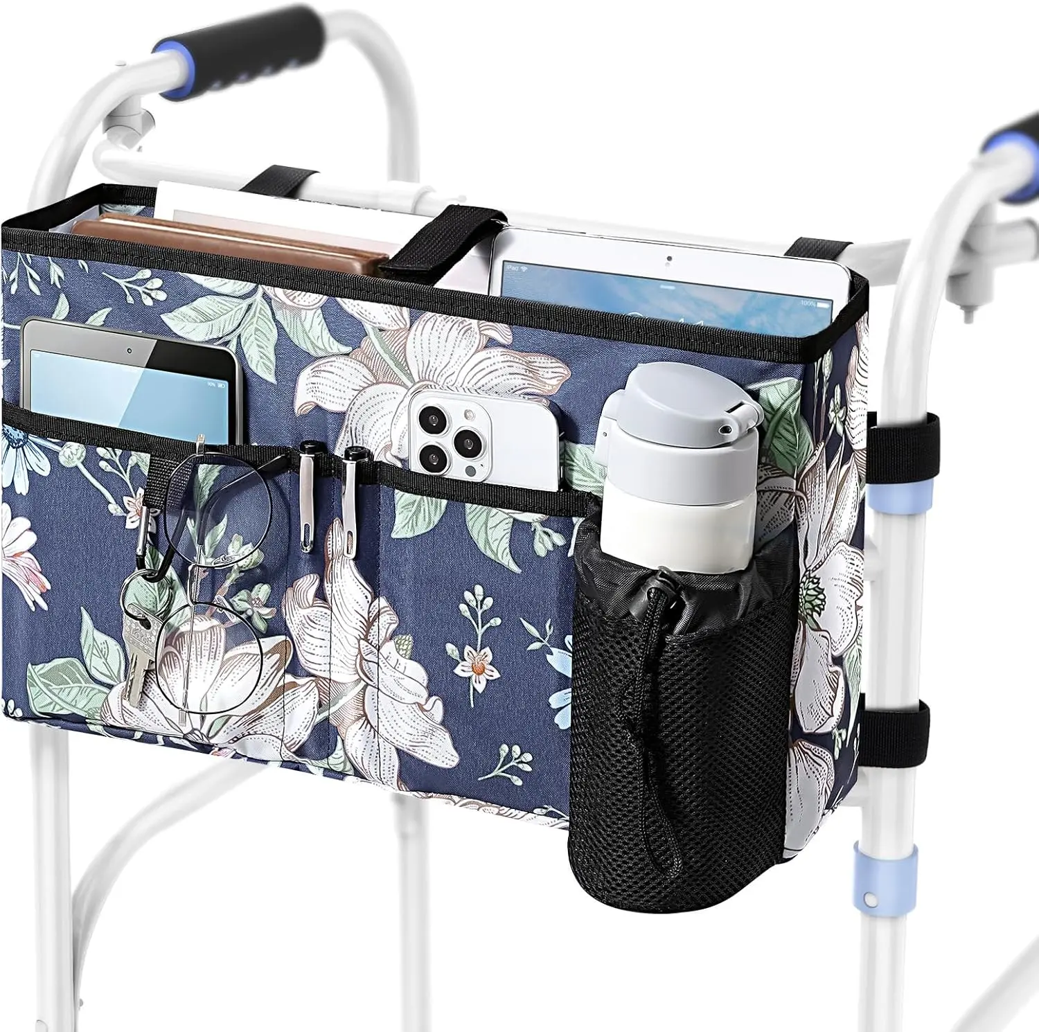 Moko Walker Bag, Secure Fit Walker Basket with Cup Holder, Large Capacity Foldable Walker Accessories for Seniors, Detachable Folding Walker Pouch Organizer for Older Elderly Gifts,Blue Cosmos