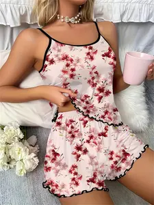 Two-Piece Floral Print Women's Tank Top and Shorts Ruffle Pajama Set, Comfortable Sleepwear for Ladies, Stylish Night