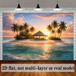 Summervibes 2D Flat Tropical Beach Polyester Backdrop & Banner - Thatched Hut, Palm Trees, Sandy Beach, Ocean Waves, Sunset, Clouds, Wooden Boardwalk, Chairs, Table, Campfire, Distant Island - Ideal for Birthday Parties (Home & Festive Supplies)