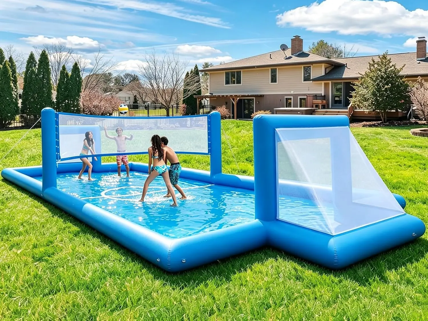 JRSTJ39FT Inflatable Volleyball Court & Water Soccer Field, 2-in-1 Volleyball Pool with Fast 800W Air Pump, Commercial Grade PVC Backyard Inflatable Volleyball Pool for Kids & Adults