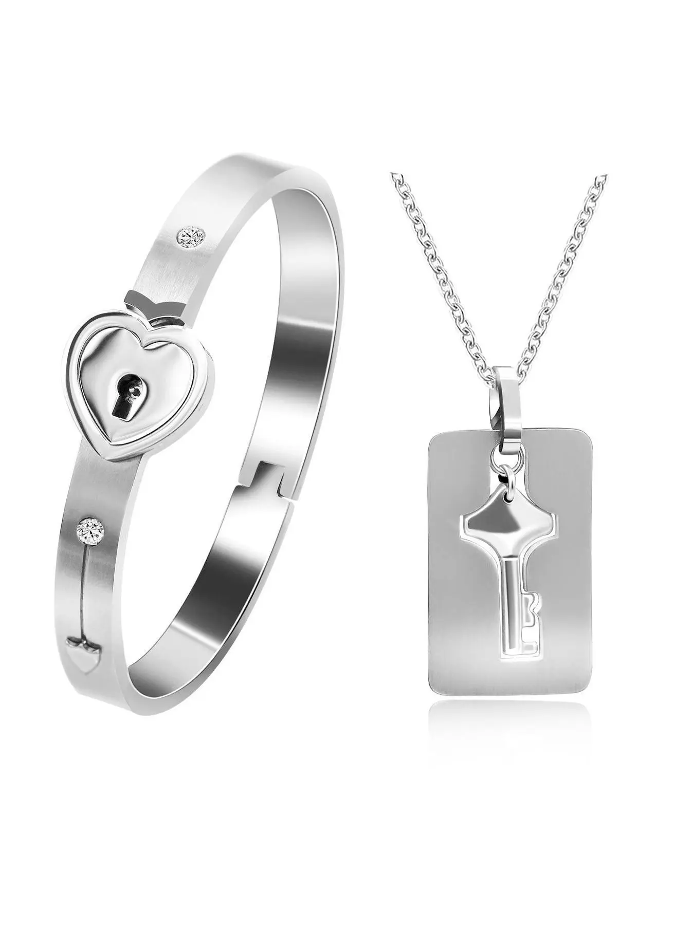 Stainless Steel Heart Lock Design Bracelet Bangle Key Pendant Necklace Couple Jewelry Set, Matching Jewelry Set, Couples Jewelry Set, Romantic Gift for Men and Women, Valentine's Day, Birthday, Christmas, Accessories Set