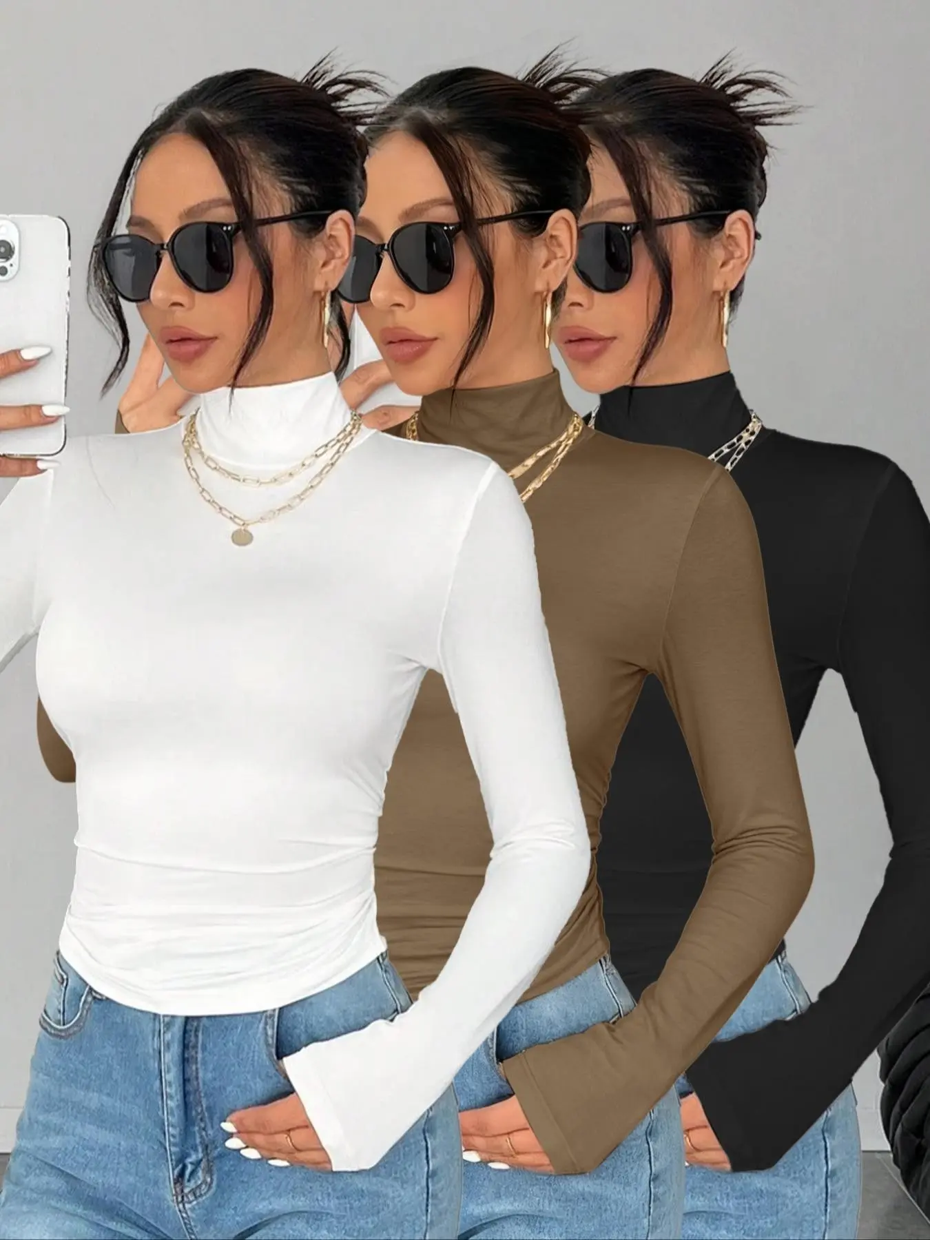 Women's 3-Piece Fall Winter High Round Neck Turtleneck Shrink waist, pleats can be worn as base or outerwear Long Sleeve Basic Casual Fitted T-Shirt Set, slim fit, waist cinching to highlight figure, suitable for home or commute, Womenswear