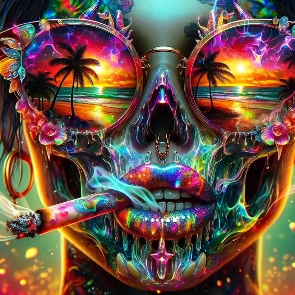 Neon skull with beach sunset sunglasses wall art,Multiple sizes available including square diamonds, This 5D DIY diamond painting set diamond art embroidery kit handmade furniture decor holiday birthday art gift, Diy craft supplies