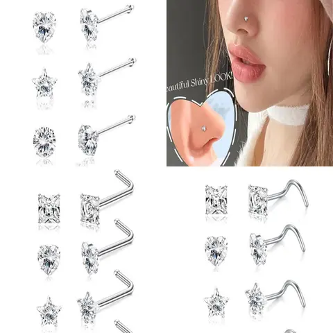 Rhinestone Decor Heart & Star Design Nose Studs, Nose Studs Piercing Jewelry for Women Girls, Nose Stud for Daily Wear, Body Jewelry, Septum Jewelry for Party, Daily Decor, Nose Ring, Nose Hoop, Stud Nose Rings