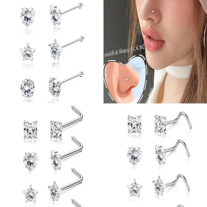 Rhinestone Decor Heart & Star Design Nose Studs, Nose Studs Piercing Jewelry for Women Girls, Nose Stud for Daily Wear, Body Jewelry, Septum Jewelry for Party, Daily Decor, Nose Ring, Nose Hoop, Stud Nose Rings