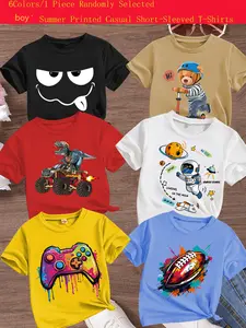Boys Summer Casual Astronaut & Bear Print Short Sleeve T-Shirt, Comfortable Loose Fit, Random Style, Perfect Gift