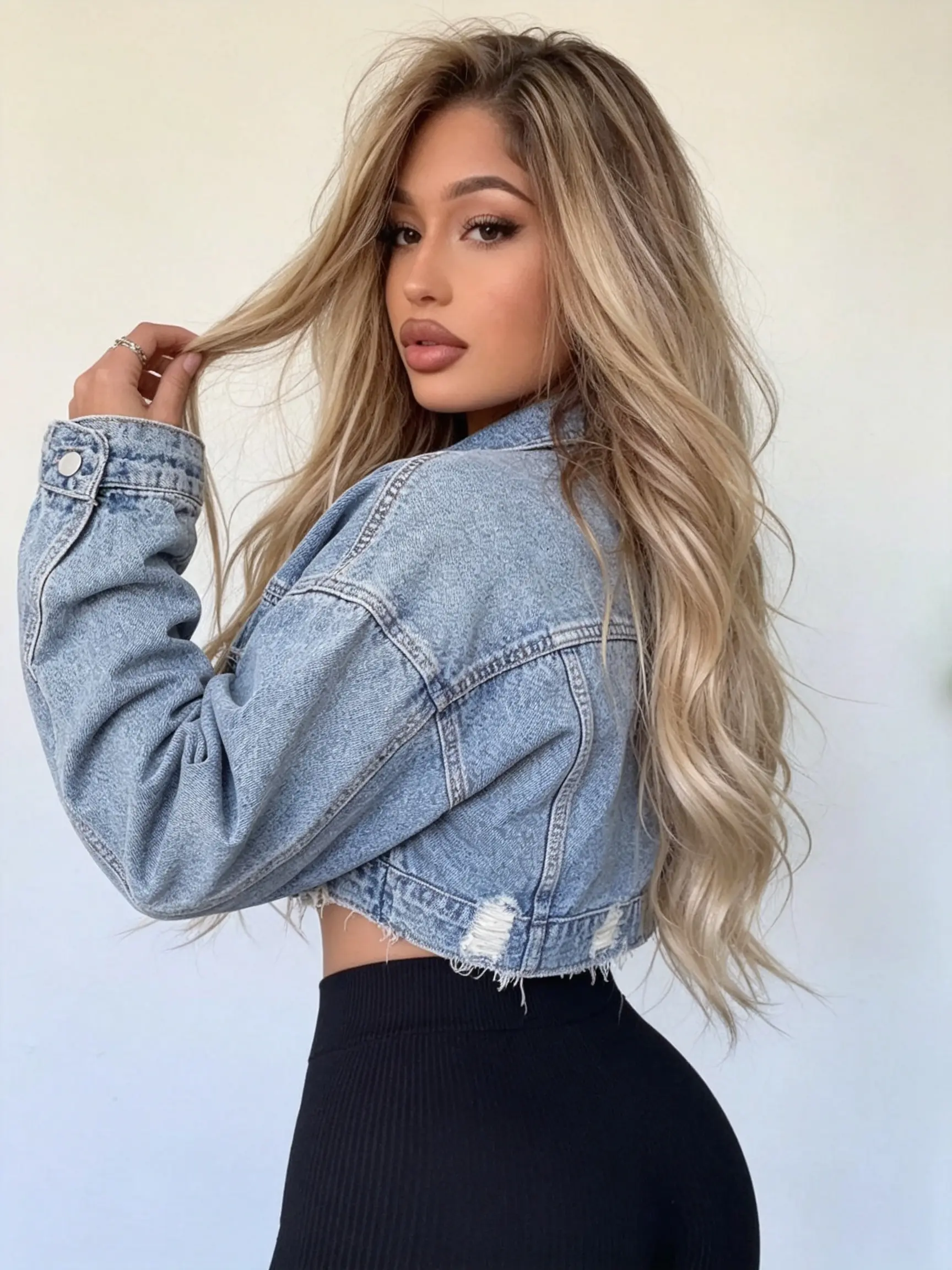 Soft Ripped Denim Coats for Women, Breathable Long Sleeve Cropped Fitted Casual Button Down Jacket, Square Neck, Short Crop, Hand Wash, Street