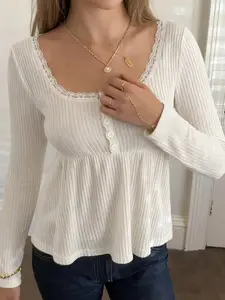 Women's Y2K Lace Patchwork Square Neck Long Sleeve Striped A-Line Vintage T-Shirt, Fall Winter Fashion Casual Top for Women