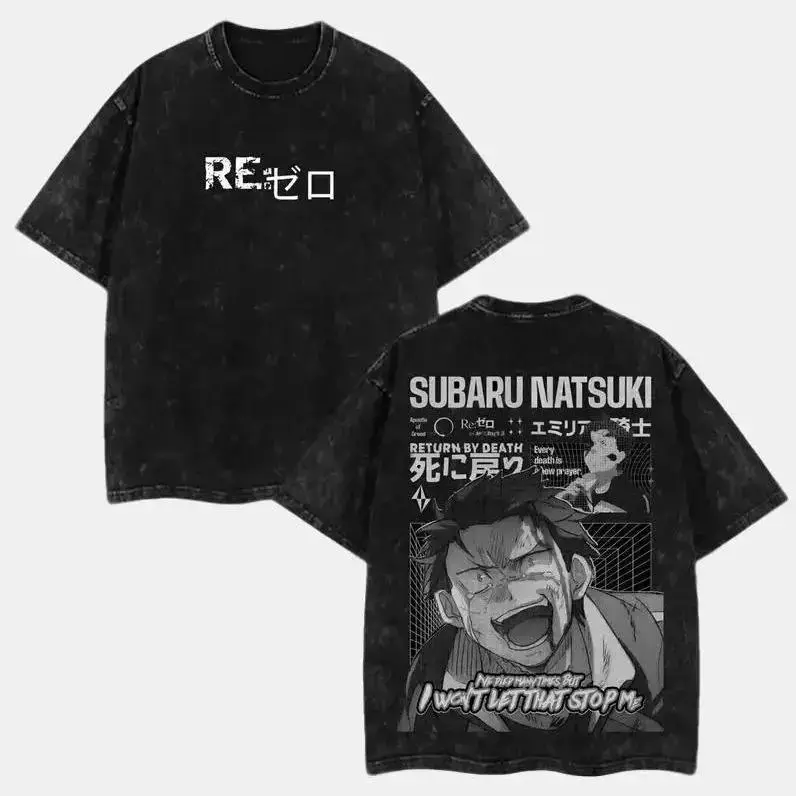 Men's Oversized Washed Cotton Short-Sleeve Round Neck T-Shirt - Re:0 Natsuki Subaru Anime Streetwear Menswear Top, Washed Effect All-Seasons Sport Apparel Activewear Athletic