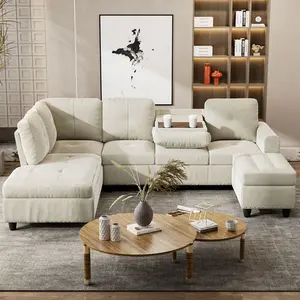94.49” L-Shaped Modular Sectional Sofa with Storage Ottoman, Drop-Down Back with Cup Holders, Nailhead Trim, for Living Room, Bedroom, House-Beige