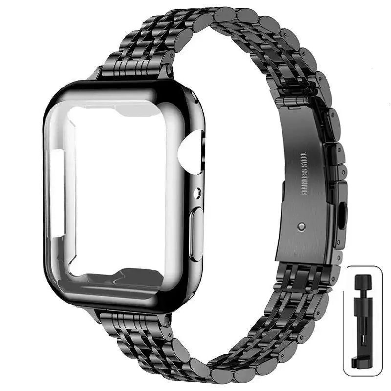 Trendy Luxury Smartwatch Accessories, Solid Stainless Steel 7-Bead Apple Watch Band & Case Set, Butterfly Clasp Bling Bracelet Kit Fits 41/45/49mm Series8‑11 Ultra SE, Anti-Scratch Decorative Wrist Set for Daily Dating & Party Wear