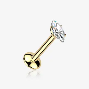 Pure24K Implant Grade Titanium OneFit Threadless Moissanite Marquise Sparkle Flat Back Labret Stud
