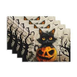 4/6pcs Halloween placemats, Horror Ghost Black Cat Pumpkin Witch Castle Printed Halloween placemats, Halloween Night Party Meal Decoration placemats, suitable for dining tables, home decoration, coasters, kitchens, indoor/outdoor parties, great gifts