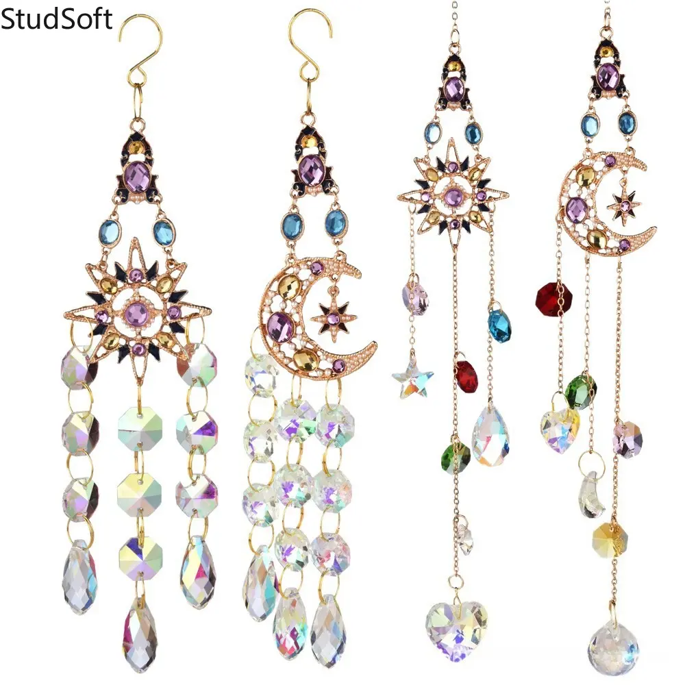 2026 New Home Decoration Hanging Ornament - Colorful Rhinestone Sun, Moon, Stars, Heart - Light Crystal Suncatcher Wind Chime, Christmas Gift, Door Decorations