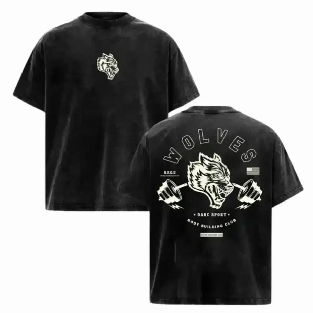 Men's Darc Sport Wolves Bodybuilding Club Vintage Washed Oversized Short-Sleeve Tee, Heavyweight Cotton, California Gym Apparel, Ideal for Weightlifting & Street Style