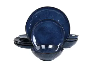 Elama Samara 12 Piece Stoneware Dinnerware Set in Blue