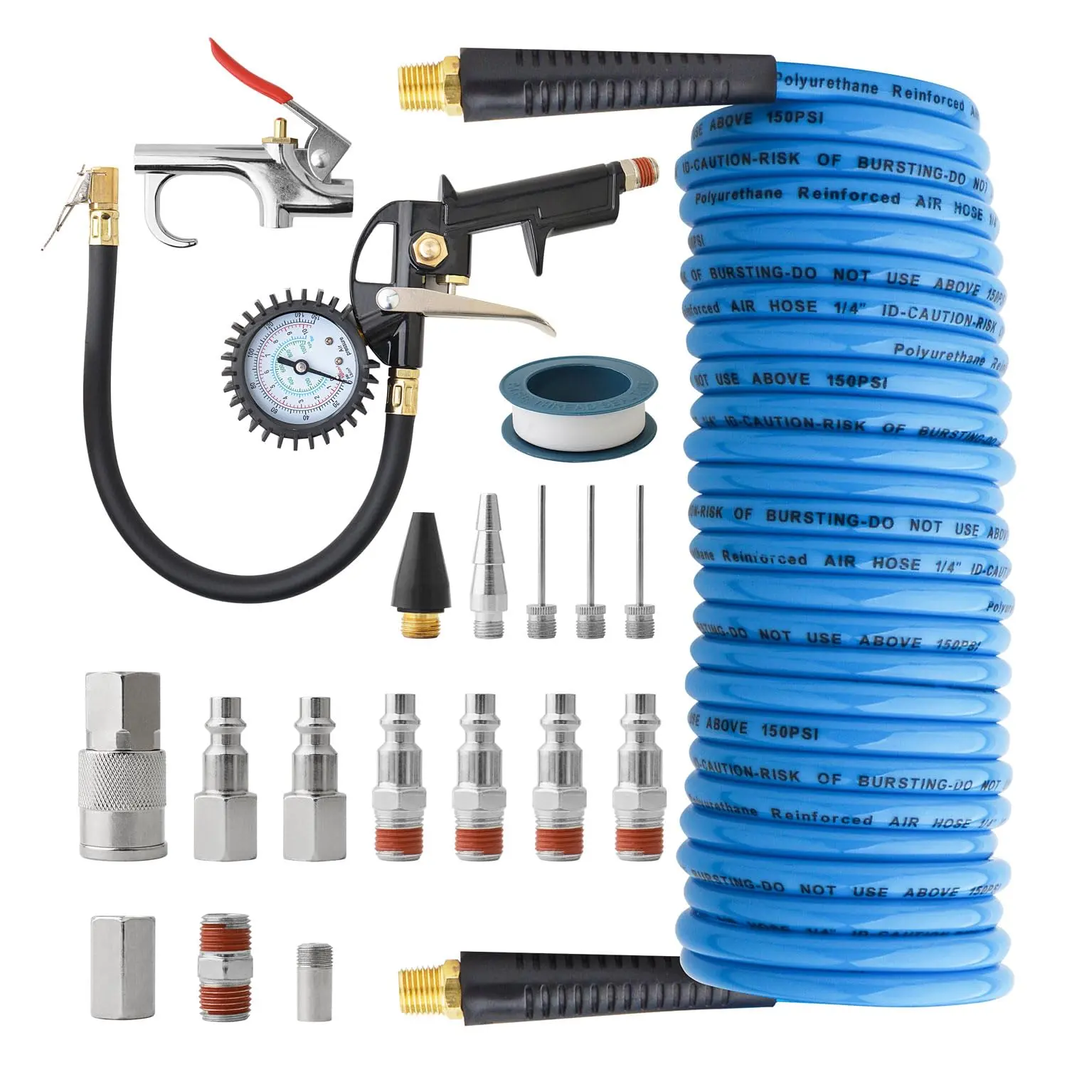 Gunpla 19-Piece Air Compressor Accessories Kit | 1/4" x 25ft Recoil Poly Air Hose | 150 PSI Tire Inflator Gauge & Heavy-Duty Blow Gun | Industrial Steel Quick Couplers & Fittings for Inflation & Cleaning Adjustable Nozzles Replacement Nozzles
