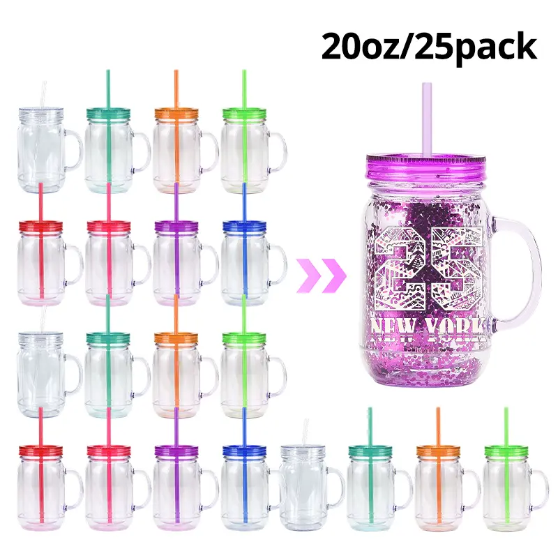 25pcs 20oz Plastic Snow Globe Mason Jars, Double Wall Plastic Tumblers with Handles, Reusable Portable Kitchen Drinkware for DIY Custom Projects