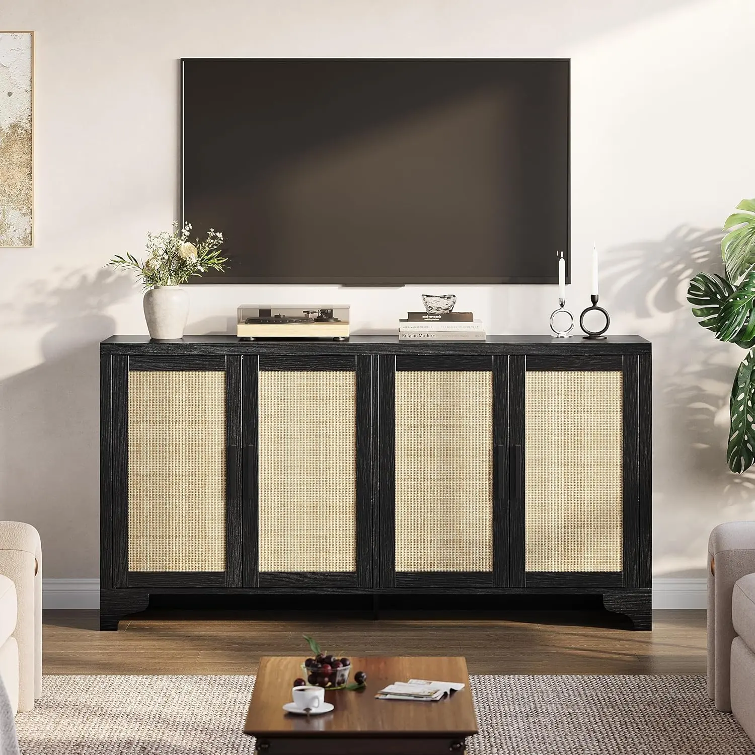 Gaomon Black Rustic Eclectic Farmhouse Storage Cabinet with Natural Rattan Design - Sturdy Home Organizer, Assembly Required Media Console for Living Room, Eclectic Decor, Boho Vibes, Fits TVs Up to 70 in, Durable