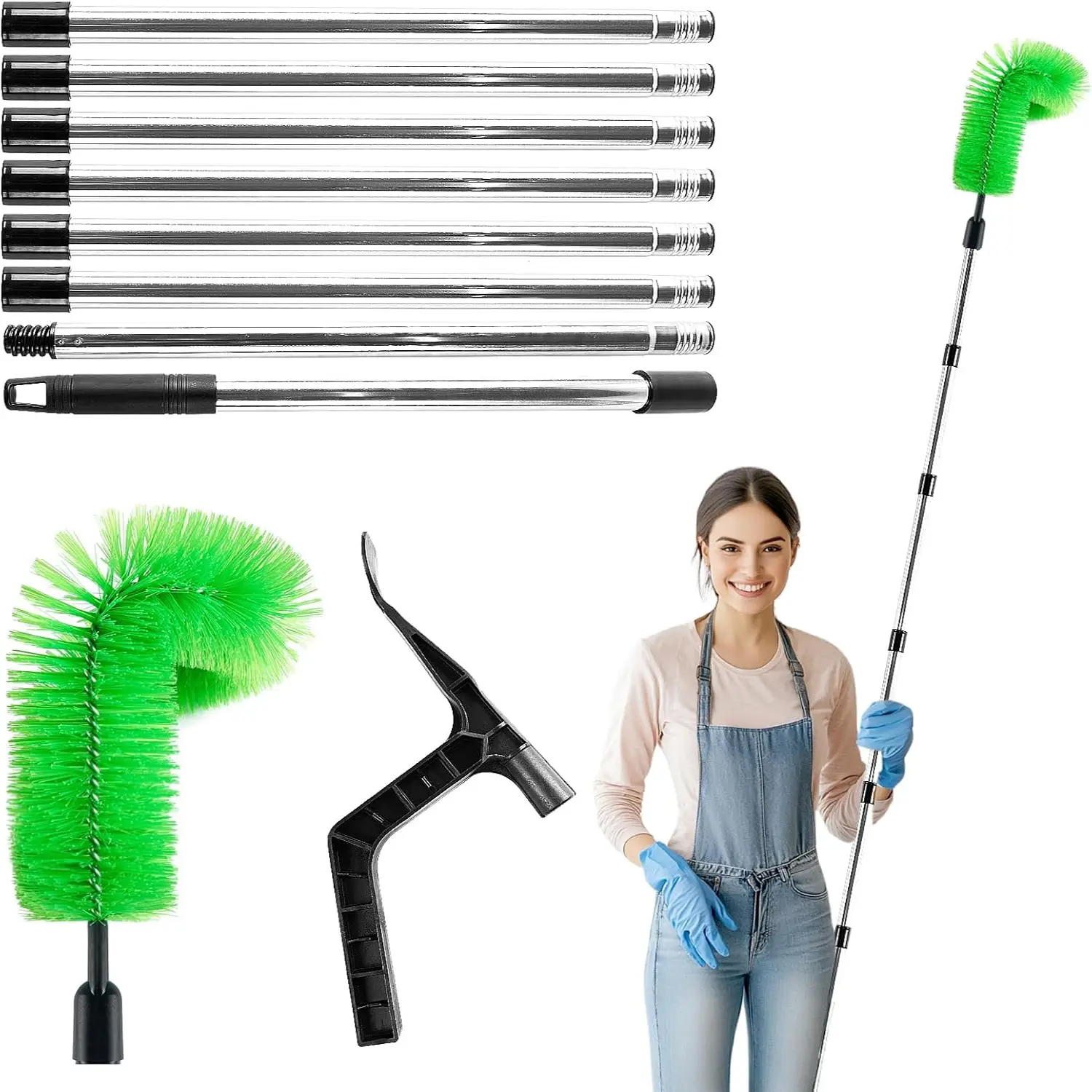 2-In-1 Gutter Cleaning Tools Set, Residential, 10.5 Ft Stainless Telescopic Pole with 8 Extendable Ropes, Includes Gutter Brush & Leaf Shovel, Portable Design