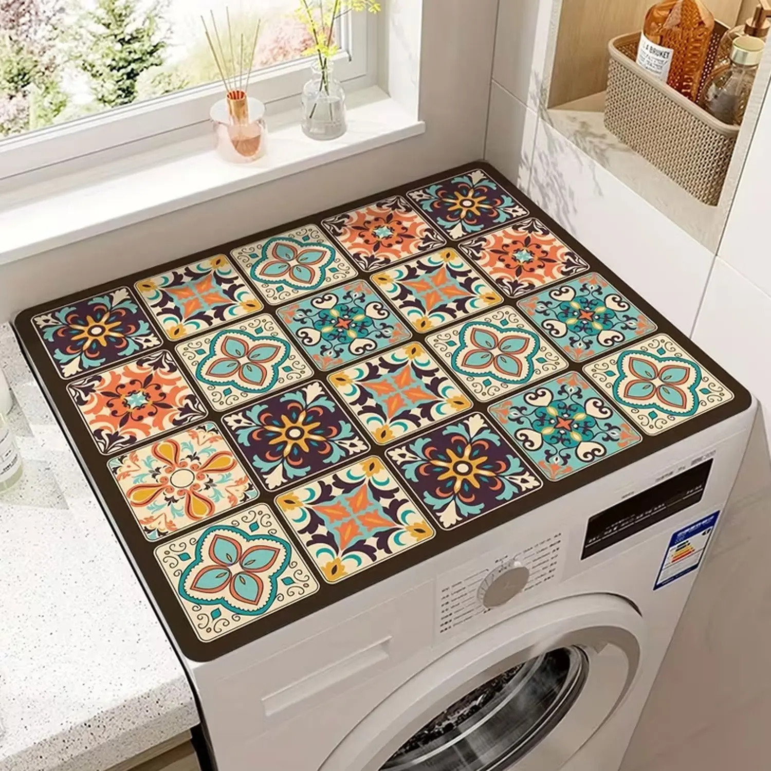 Retro mosaic washing machine and dryer covers, Household Dust Cover, water-resistant, slip-resistant, stain-resistant, and dustproof design, perfect for home decoration, Dustcover