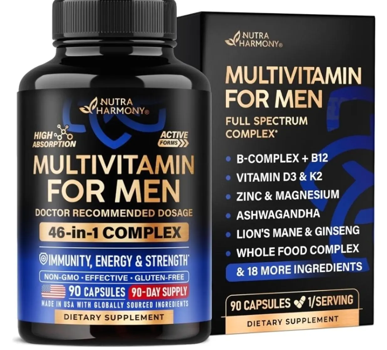 Multivitamin for Men - B-Complex & B12 | Whole Foods & Enzymes - 90 Caps | Mens Multivitamin 46in1 - Energy, Focus & Brain | Men's Health Complex - Bioavailable & Gentle on Stomach - Lab Tested, 1/Day