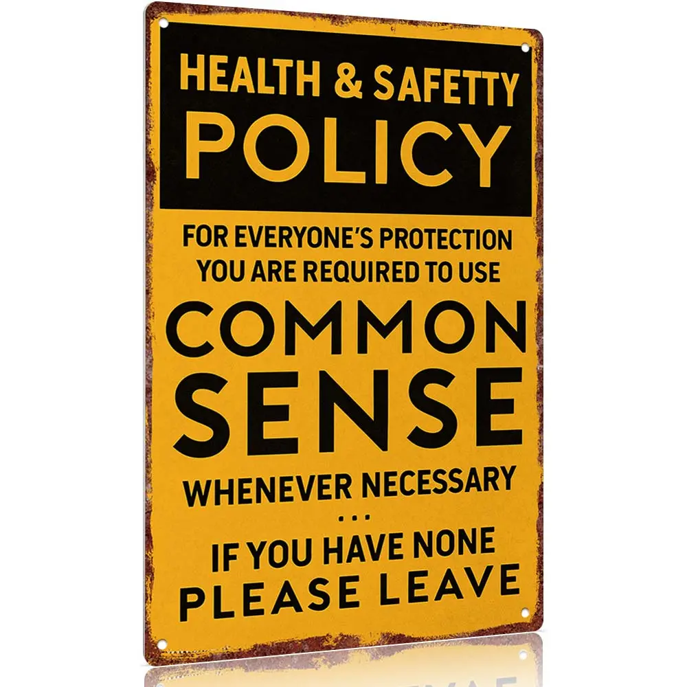 Vintage Durable Aluminum Decorative Plaque - "Health & Safety Policy - Use Common Sense" 12x8in Funny Signage, Easy-Install Home Supplies Wall Art for Home Workshops, Office Hanging Gift