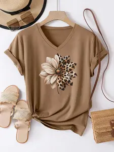 Women's V Neck Short Sleeve T-Shirt, Leopard Print Flower Pattern, Soft Elastic Fabric, Casual Versatile Top, Womenswear