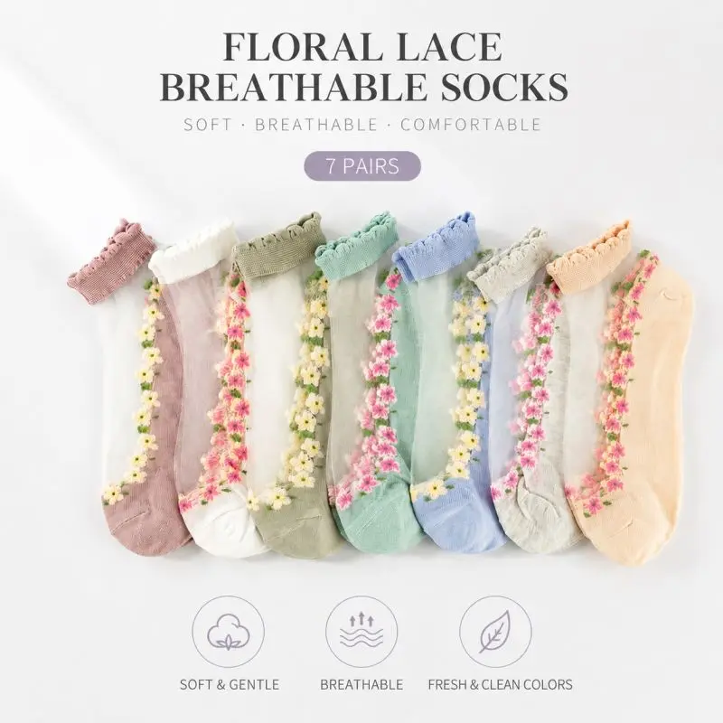 Women's 7-Pair Sheer Ankle Socks - Ultra-Thin Mesh, Low Cut Invisible, Light Cotton, Chic See-Through Floral, Cute Violet Mist Design for Casual Summer Wear, Breathable, Lace, Soft, Style, Lacy