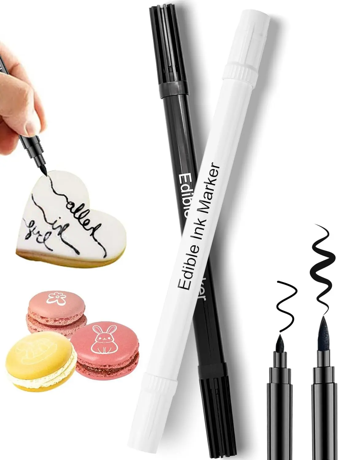 Edible Markers 2Pcs Double-Sided Fine & Thick Tips Food Coloring Markers for Cookie Baking Easter Eggs - Black & White