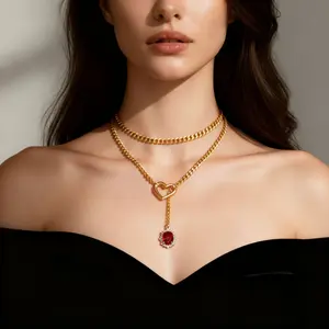 Cross-border Instagram-style niche design vintage gold necklace with heart-shaped ruby pendant and layered Cuban chain necklace