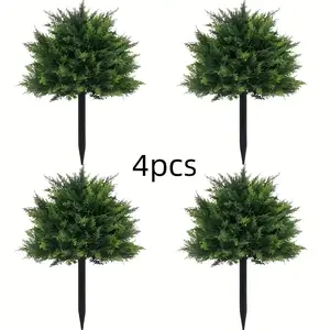 4 Large Artificial Snowy Pine Ball Trees with Ground Spikes, UV Resistant Fake Bristlecone/pine Bushes, Outdoor & Indoor Decor, Plastic