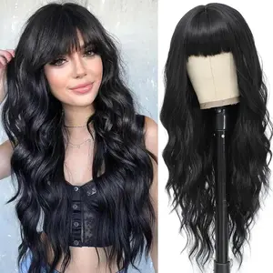 Black Wig with Bangs Long Wavy Wig for Women Synthetic Curly Natural Black Wigs Hair Replacement Wigs for Girls Daily Party Use