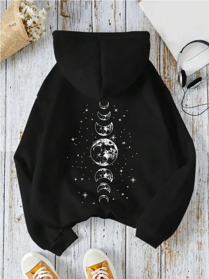 Women's Oversize Star & Moon Print Cotton Hooded Long Sleeve Sweatshirt - Breathable, Comfortable, Fashion Fabric - Fall Casual Pullover for Graduation, Back To School Outfits, Solid, Longsleeves, Tops, Unisex