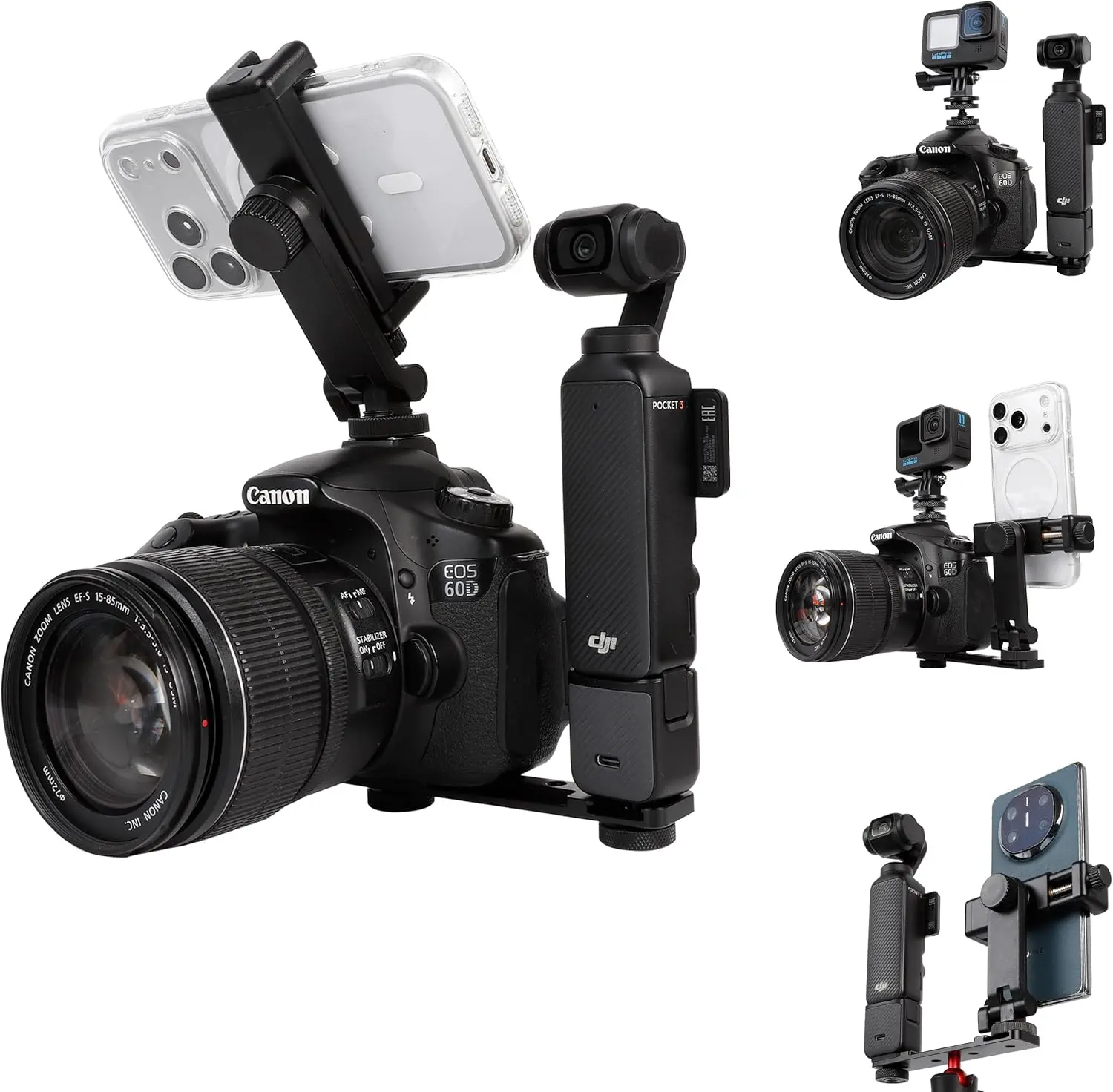 Aluminium Alloy Wireless Camera Mount Rig with Clamps for DJI Osmo Pocket 3-4, Insta360 Luna Ultra, DSLR, Digital Action Devices - Dual 1/4" Screws, Cold Shoe Mounts, Tripod Compatible, Smartphone Monitor Support for Content Creators