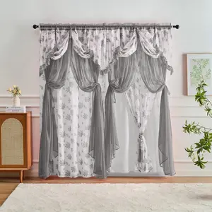 Elegant Gray Floral Sheer Curtains with Ruffled Valance for Bedroom or Living Room Decor