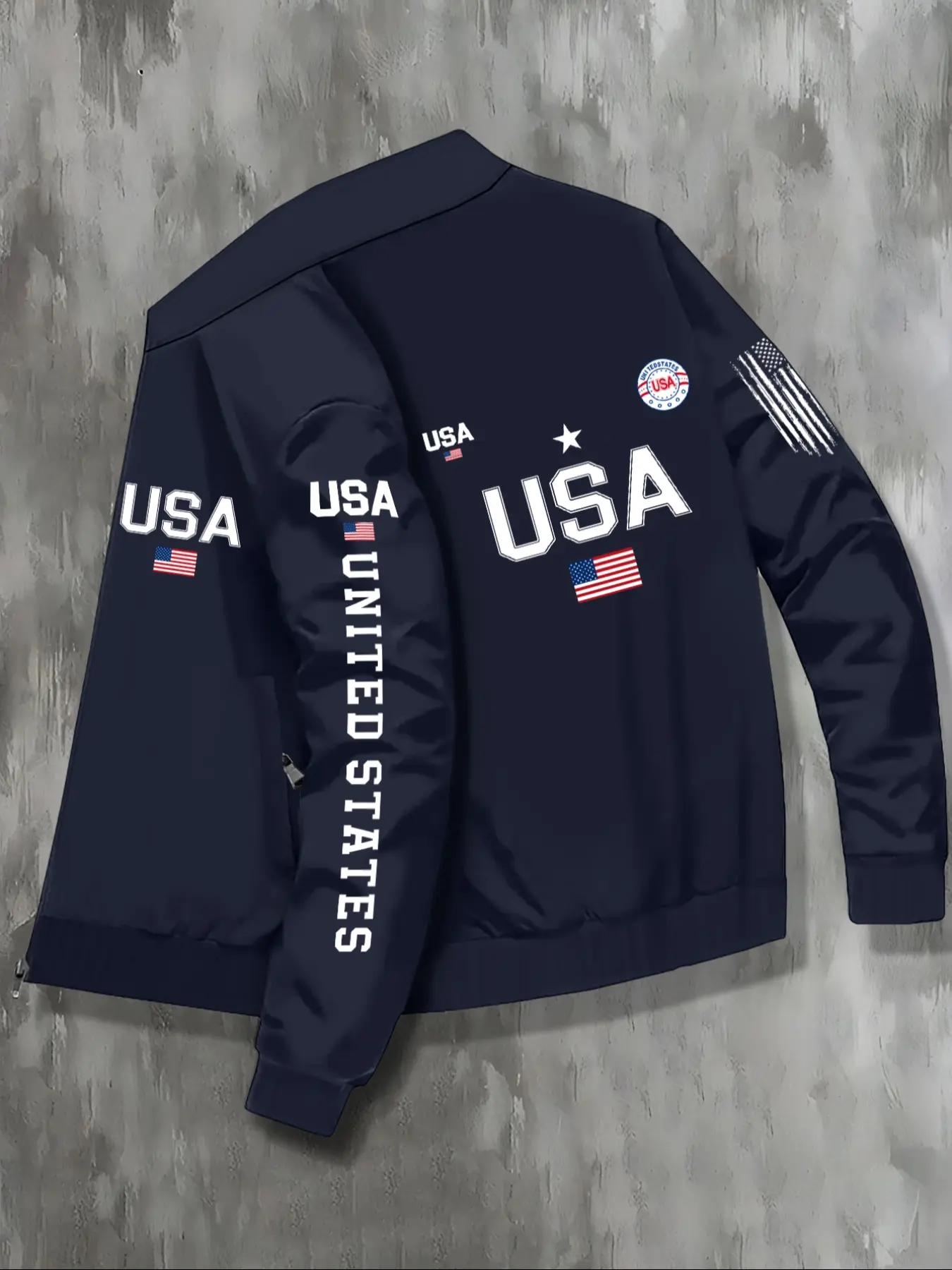 Men's Fall Winter Casual Stand Collar Letter Flag Pattern Printed Jacket, Business Outdoor Sports Coat, Zipper Closure Design