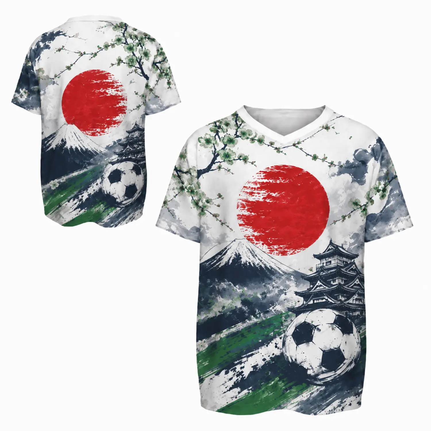 Japanese Sun and Mount Fuji Graphic V-Neck Soccer Jersey - White, Blue & Green Brush Design Football Fan Shirt