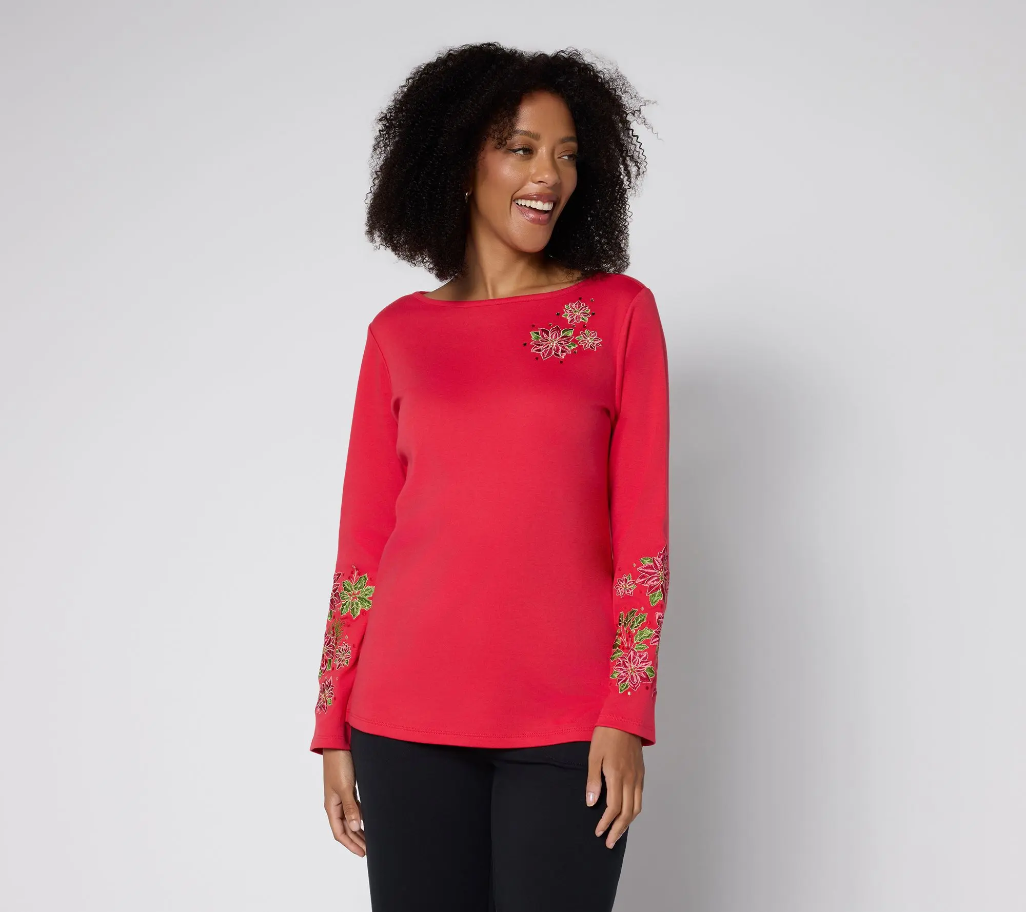 Quacker Factory Poinsettia Floral Bateau Long Sleeves Top