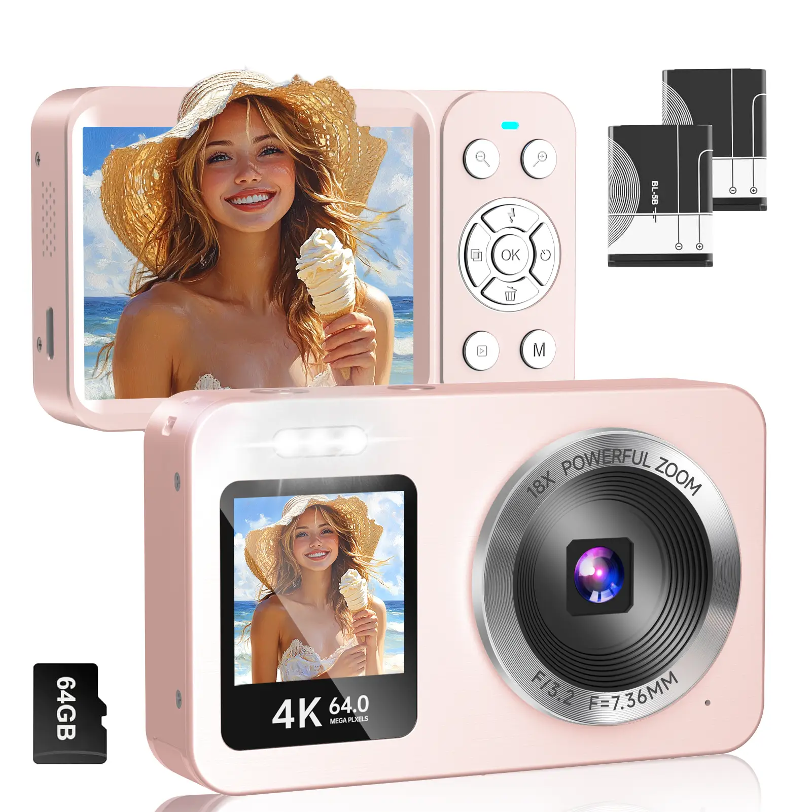 【TikTokShopBacktoSchool】Dual Screen Digital Camera, Portable Retro Y2K CCD 4K mini Camera with 64G Memory Card, 18X Digital Zoom, Supports Photos and
