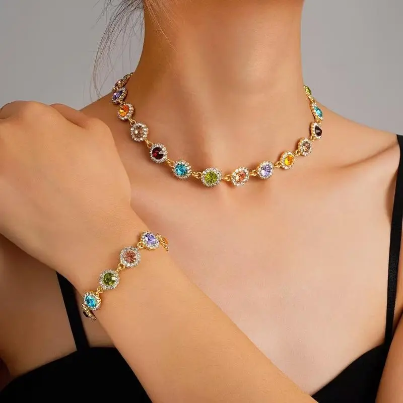 Jewelry Set for Female, Luxury 2-Piece Gemstone Necklace and Bracelet, Trendy Euro-American Design for Party or Everyday Use, Excellent Gift Option, Elegant, Rainbow, Trending, Two Piece Set
