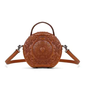 SADI Vintage Women’s Genuine Leather Handbag, Round Drum Design, 2026 New Fashion, Embossed, Carry by Hand/Shoulder/Crossbody