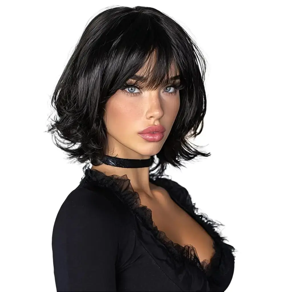 AISI HAIR Women's Synthetic Full Machine Wig - Short Layered Straight with Bangs, Natural Look, Glueless Adhesive-Free Attachment, Heat Resistant Fashion Accessory Black Hair Wig, Synthetic Wigs, Glueless Wigs
