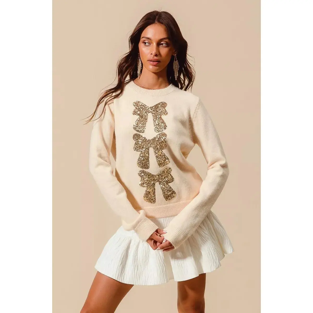 Sequins Bow Ribbon Embellished Christmas Sweater